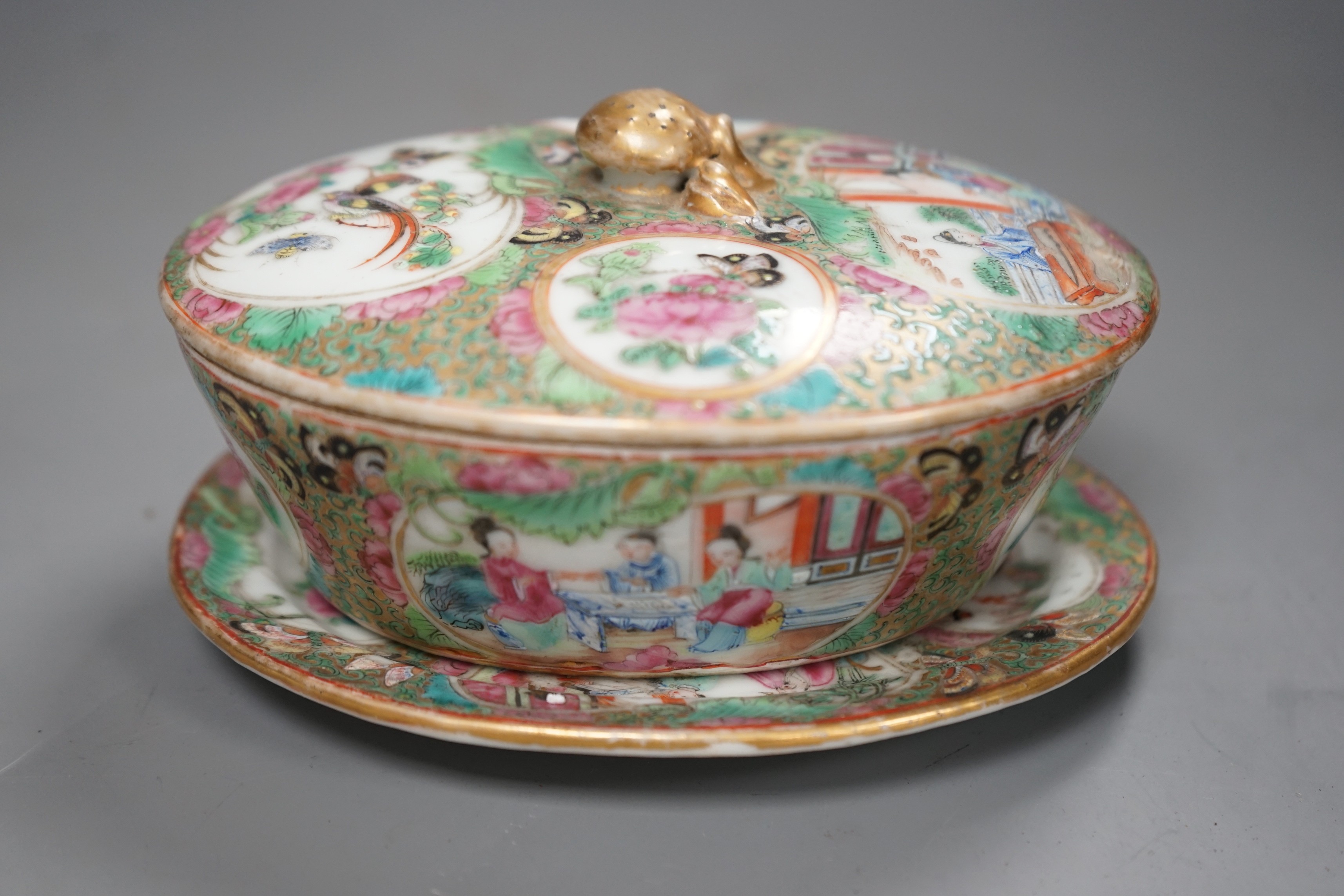 A mid 19th century Chinese famille rose butter dish, cover and stand, dish and cover 9cms high